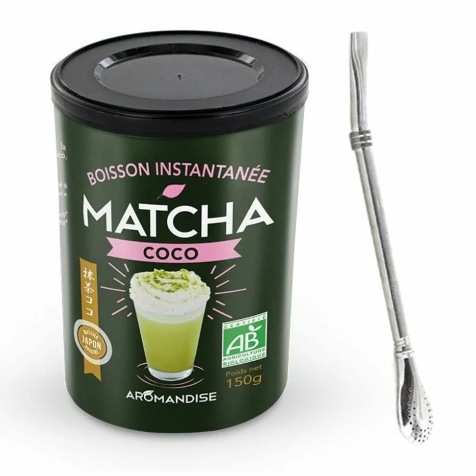 AROMANDISE - Boisson instantanée matcha coco 150 g + paille inox avec filtre