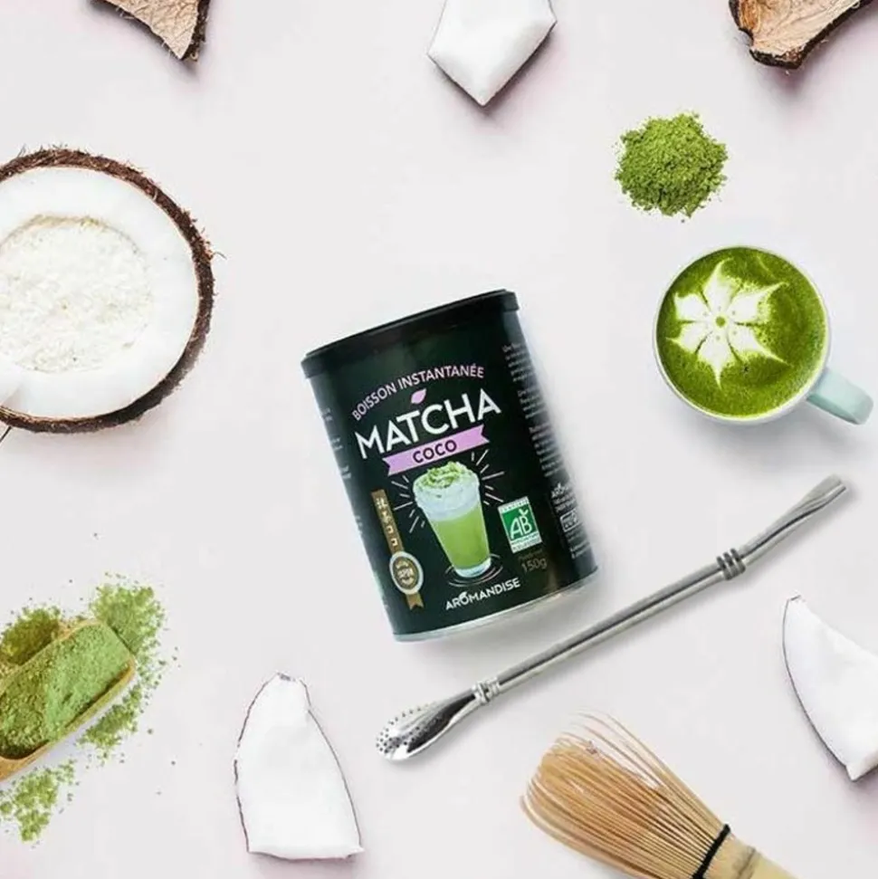 AROMANDISE - Boisson instantanée matcha coco 150 g + paille inox avec filtre
