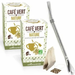 AROMANDISE - Café vert nature 36 sachets + paille inox avec filtre