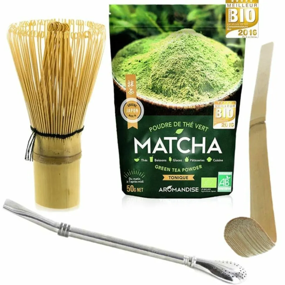 AROMANDISE - Coffret thé matcha + fouet + cuillère en bambou + paille inox avec filtre