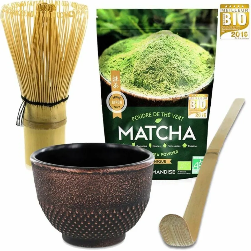 AROMANDISE - Coffret thé matcha + fouet + cuillère en bambou + tasse noir & violet