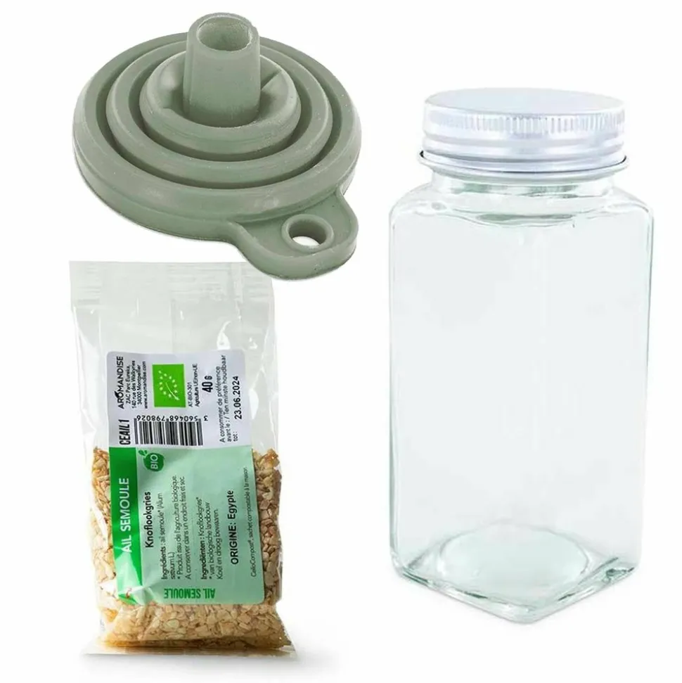 AROMANDISE - Flacon à épices poudreur + entonnoir + ail semoule 40 g
