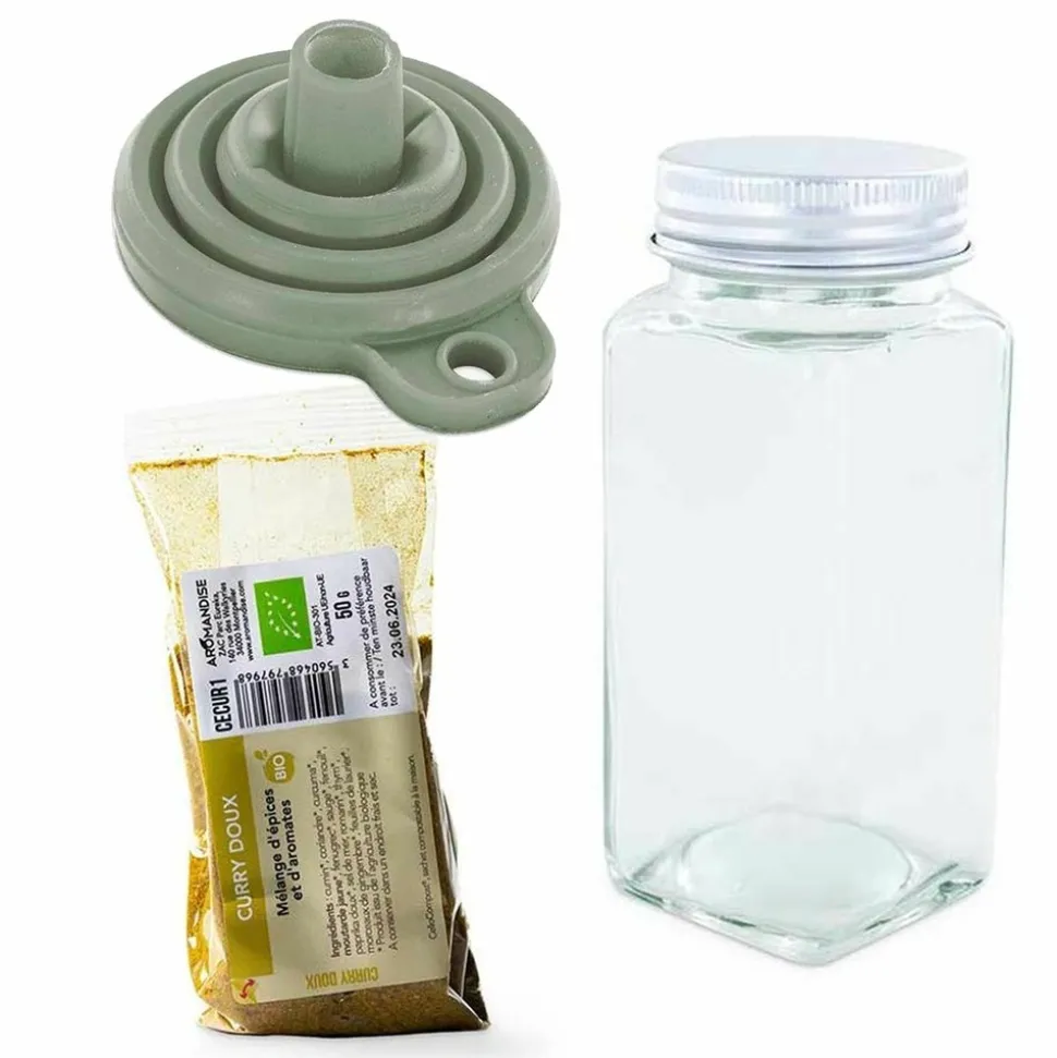 AROMANDISE - Flacon à épices poudreur + entonnoir + curry doux 50 g