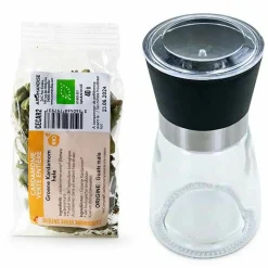 AROMANDISE - Moulin à épices en verre et céramique + cardamome verte bio