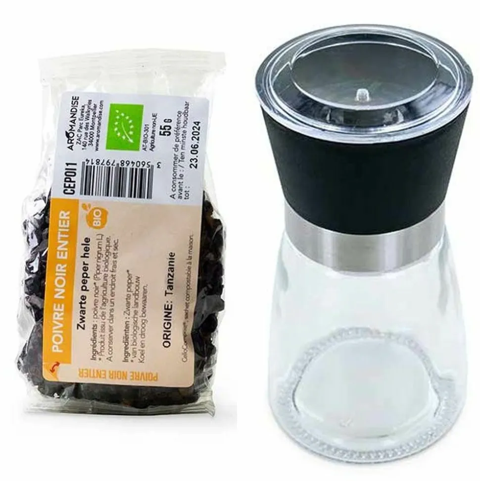 AROMANDISE - Moulin à épices en verre et céramique + poivre noir bio