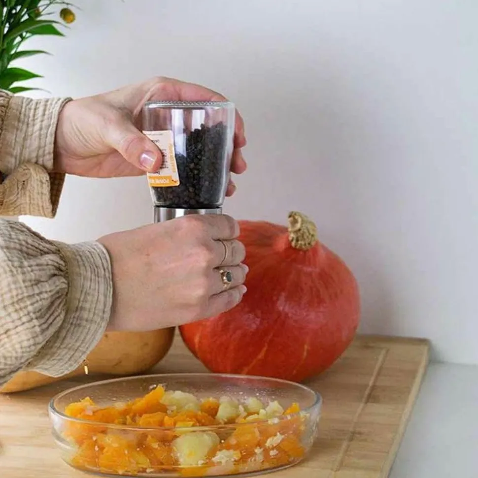 AROMANDISE - Moulin à épices en verre et céramique + poivre noir bio