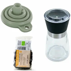 AROMANDISE - Moulin à épices, entonnoir et poivre noir bio