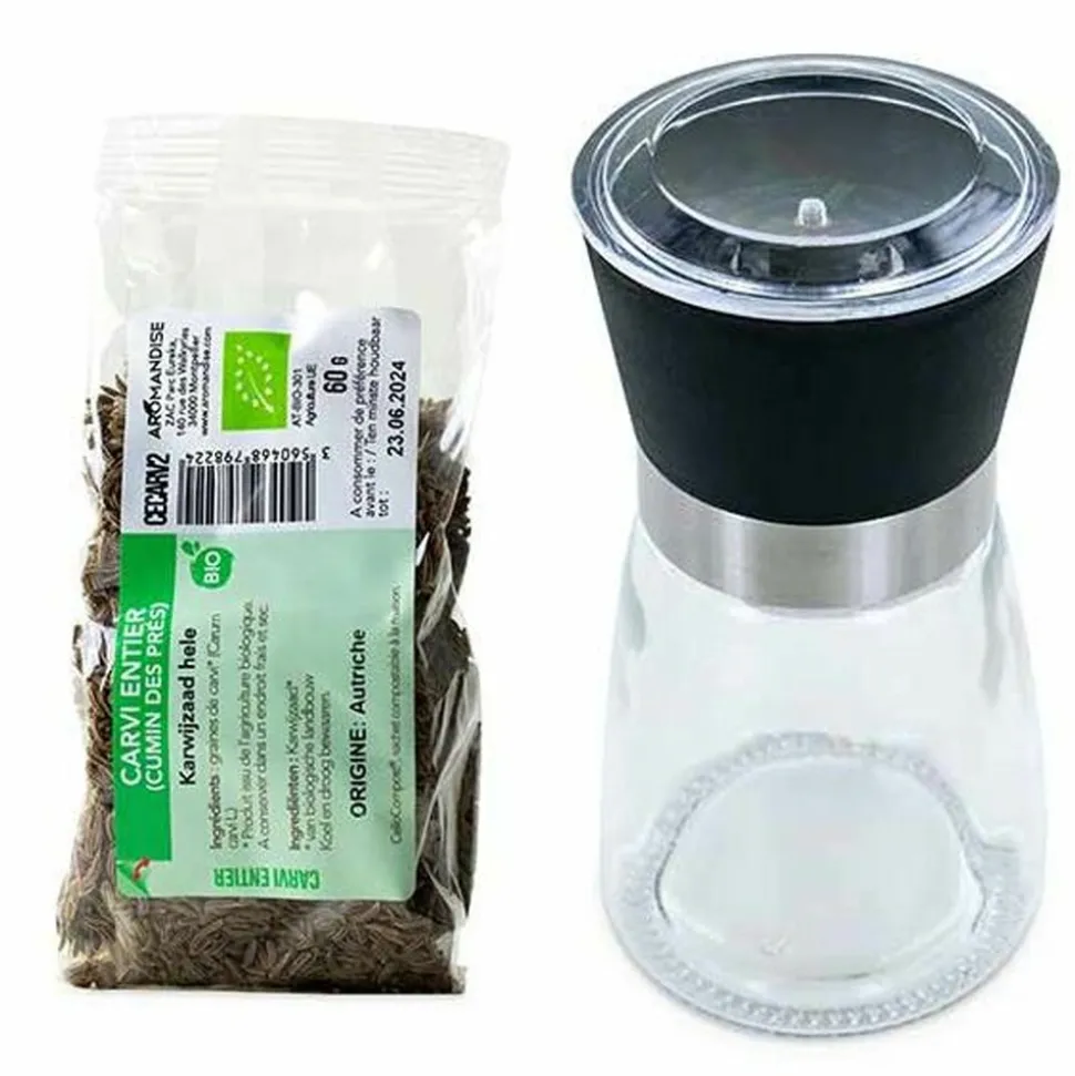 AROMANDISE - Moulin à épices en verre et céramique + carvi entier bio