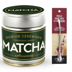 AROMANDISE - Thé matcha de cérémonie premium 30 g + paille inox avec filtre