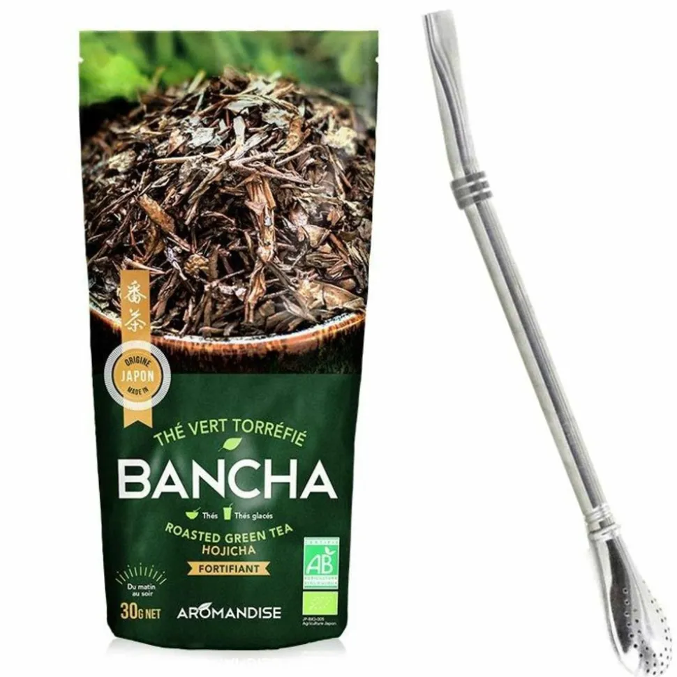 AROMANDISE - Thé vert bio japonais bancha hojicha 30 g + paille inox avec filtre
