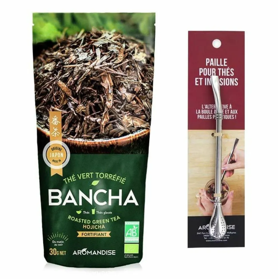 AROMANDISE - Thé vert bio japonais bancha hojicha 30 g + paille inox avec filtre