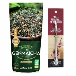 AROMANDISE - Thé vert bio japonais genmaicha sencha & riz grillé 100 g + paille inox avec filtre