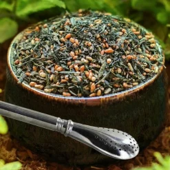 AROMANDISE - Thé vert bio japonais genmaicha sencha & riz grillé 100 g + paille inox avec filtre