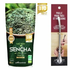 AROMANDISE - Thé vert bio sencha japonais + paille inox avec filtre