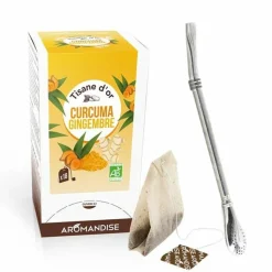 AROMANDISE - Tisane d'or bio curcuma gingembre 20 sachets + paille inox avec filtre