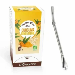 AROMANDISE - Tisane d'or bio curcuma gingembre 20 sachets + paille inox avec filtre