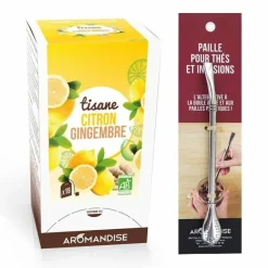 AROMANDISE - Tisane gingembre et citron bio 20 sachets + paille inox avec filtre