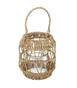ATMOSPHERA - Lanterne photophore en métal et rotin bougeoir en verre d 17 x h 18 cm