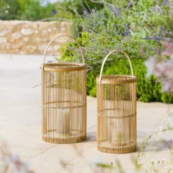 ATMOSPHERA - Lot de 2 lanternes photophore en bambou bougeoirs en verre