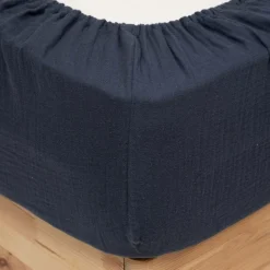 ATMOSPHERA CREATEUR D'INTERIEUR - Drap housse "flora" gaze de coton bleu 140x190cm