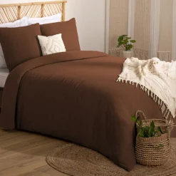 ATMOSPHERA CREATEUR D'INTERIEUR - Parure de lit 3 pièces "flora" gaze de coton marron 240x220cm