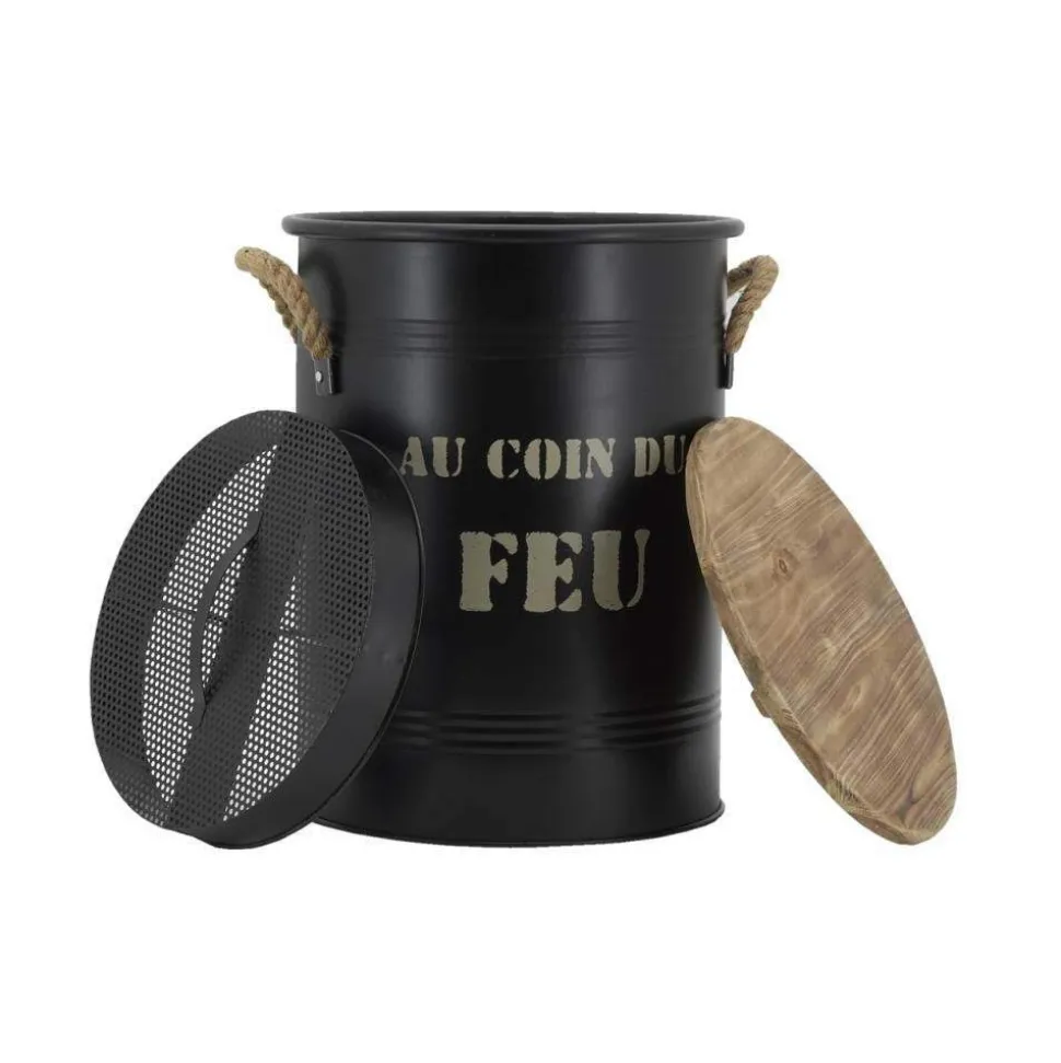 AUBRY GASPARD - Tabouret et seau à pellets avec pelle au coin du feu métal laqué au coin du feu