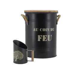 AUBRY GASPARD - Tabouret et seau à pellets avec pelle arbre métal laqué au coin du feu