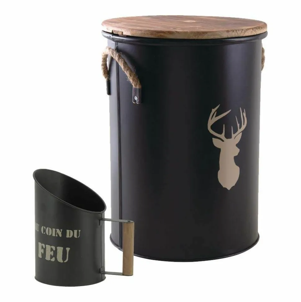 AUBRY GASPARD - Tabouret et seau à pellets avec pelle au coin du feu métal laqué cerf