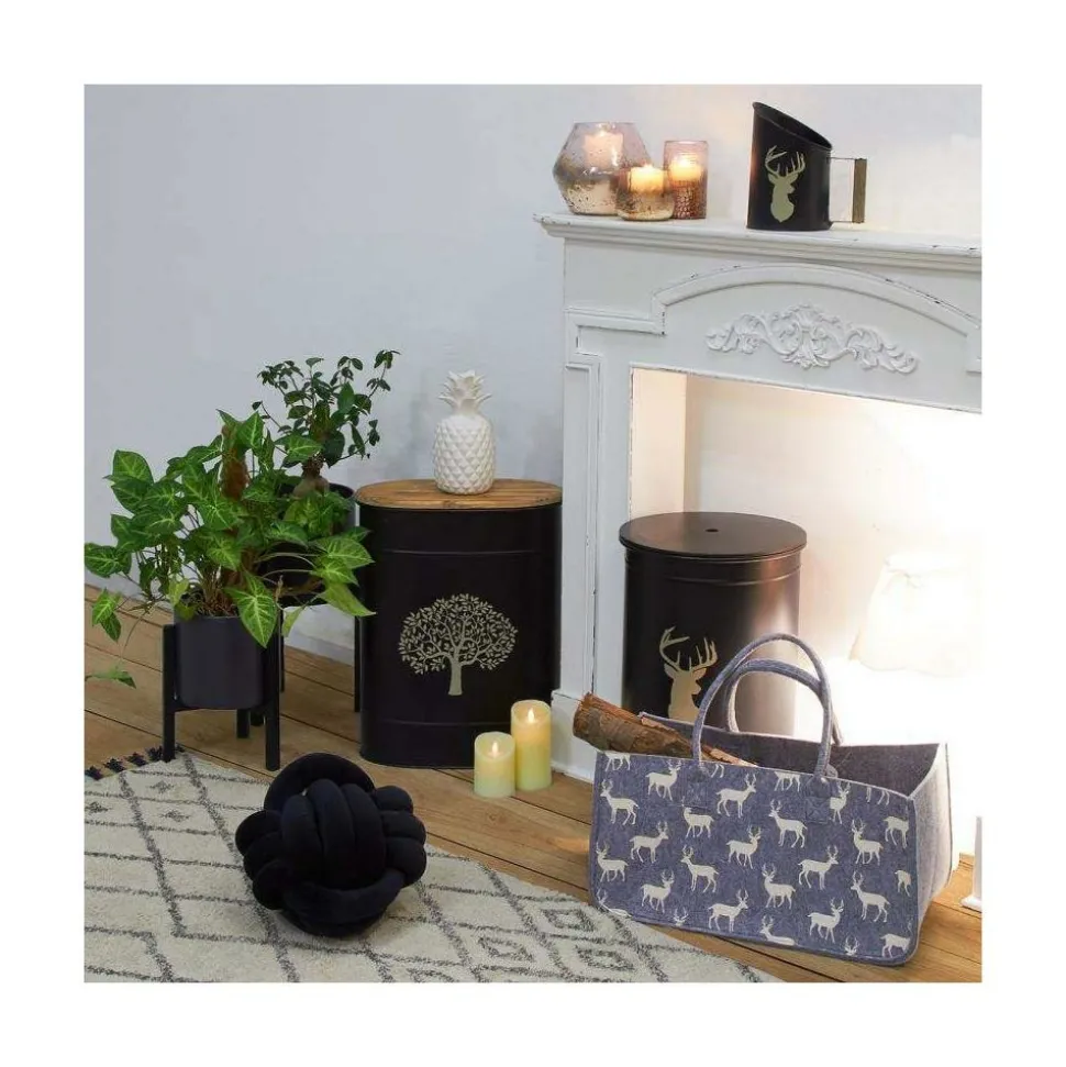 AUBRY GASPARD - Tabouret et seau à pellets avec pelle au coin du feu métal laqué cerf