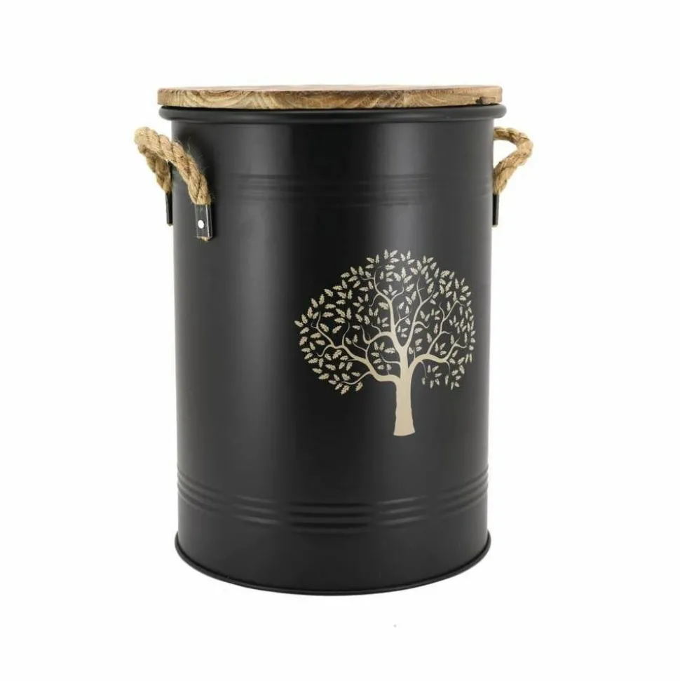 AUBRY GASPARD - Tabouret et seau à pellets avec pelle au coin du feu métal laqué arbre de vie