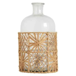BLANC D'IVOIRE - Vase bouteille soliflore verre raphia fleurs 13x26cm