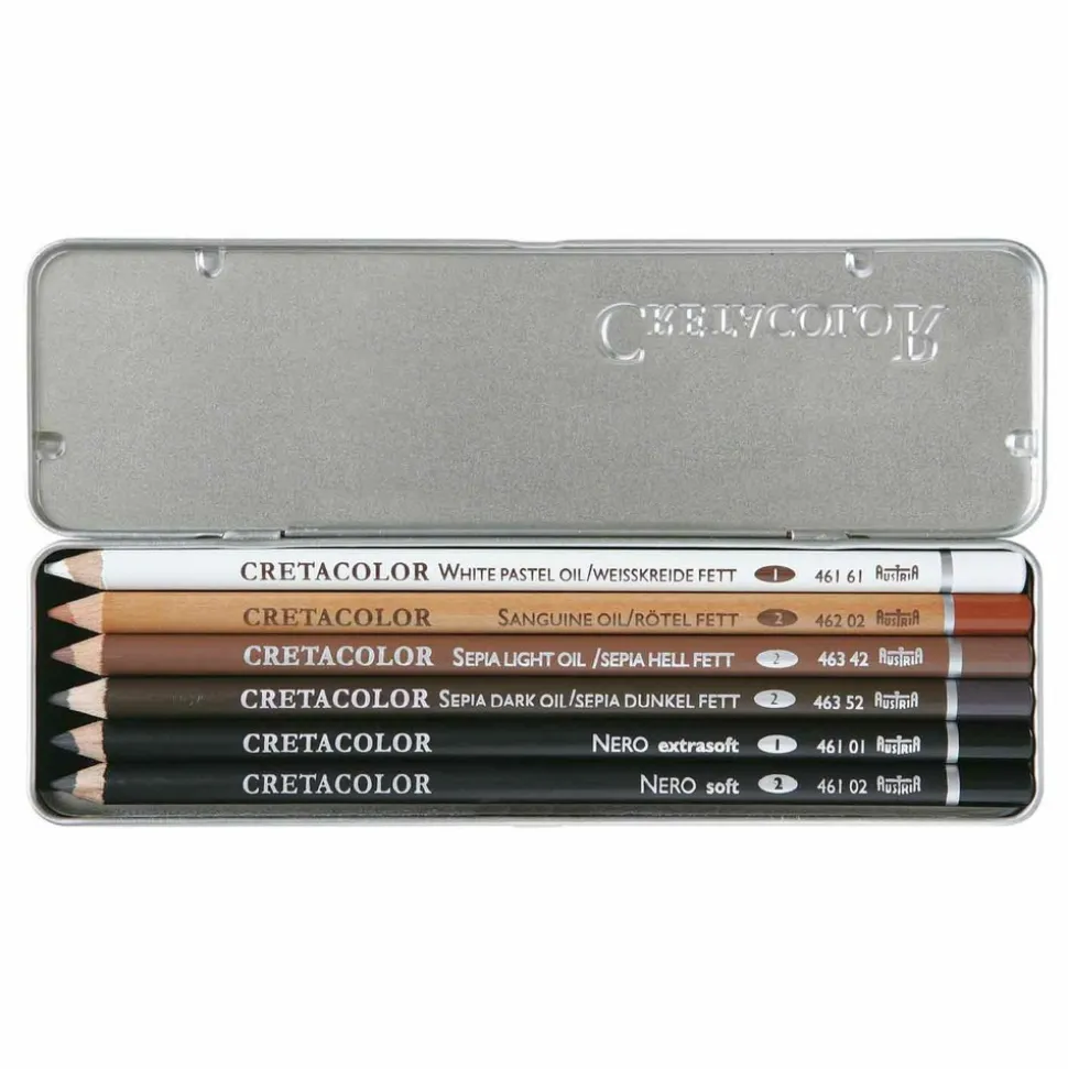 BREVILLIER'S CRETACOLOR - Set 6 crayons gras pour esquisses - blanc, sanguine, sépia clair, sépia foncé, noir extra-tendre, tendre