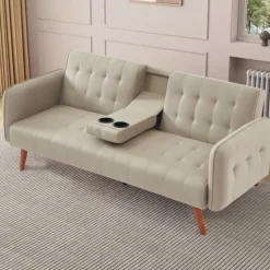 Canapé 3 places convertible avec tablette centrale rabattable beige inverness