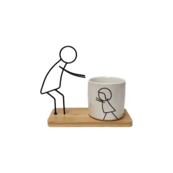 CHEMIN DE CAMPAGNE - Cache-pot en porcelaine blanche et son support en bois et métal 20 x 10 x 18 cm