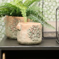 CHEMIN DE CAMPAGNE - Cache-pot rond en ciment vieilli effet poterie - ø.12,5 x ht.10 cmø.12,5 x ht.10 cm