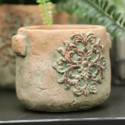 CHEMIN DE CAMPAGNE - Cache-pot rond en ciment vieilli effet poterie - ø.12,5 x ht.10 cmø.12,5 x ht.10 cm