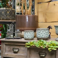 CHEMIN DE CAMPAGNE - Cache-pot rond en ciment vieilli vert/rose ø.11 x ht.10 cm