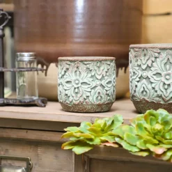 CHEMIN DE CAMPAGNE - Cache-pot rond en ciment vieilli vert/rose ø.11 x ht.10 cm