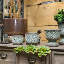 CHEMIN DE CAMPAGNE - Cache-pot rond en ciment vieilli vert/rose ø.14 x ht.13 cm