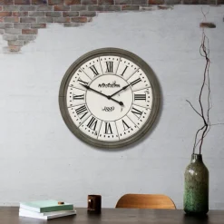 CHEMIN DE CAMPAGNE - Grande horloge murale décorative vintage salon métal gris blanc 100cm