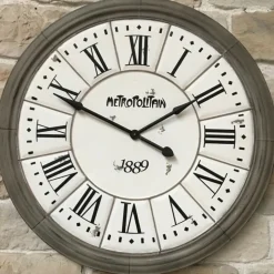 CHEMIN DE CAMPAGNE - Grande horloge murale décorative vintage salon métal gris blanc 100cm