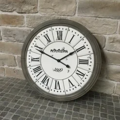 CHEMIN DE CAMPAGNE - Grande horloge murale décorative vintage salon métal gris blanc 100cm