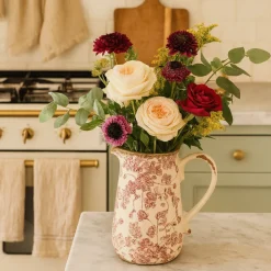 CHEMIN DE CAMPAGNE - Pichet en céramique émaillée "fleurs bordeaux" 20.5 x 14.5 x 23 cm