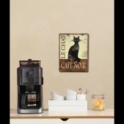 CHEMIN DE CAMPAGNE - Plaque murale décorative vintage fer noir marron chat café 33x25cm