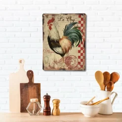 CHEMIN DE CAMPAGNE - Plaque murale décorative vintage en métal multicolore le coq 33x25cm