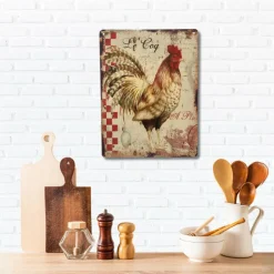 CHEMIN DE CAMPAGNE - Plaque murale décorative vintage en métal multicolore coq 33x25cm