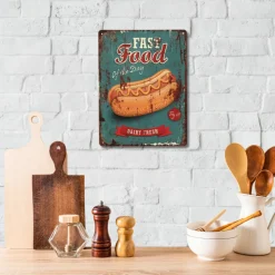 CHEMIN DE CAMPAGNE - Plaque murale décorative vintage métal multicolore fast food 33x25cm