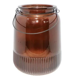 CHEMIN DE CAMPAGNE - Vase "strié" avec anse métallique - ambre ø.19 x ht.20 cm