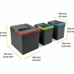 EMUCA - Bacs de tri pour tiroir de cuisine recycle 1 bac de 12 litres et 2 bacs de 6 lit