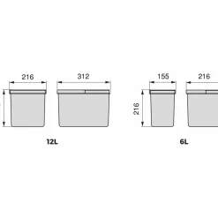 EMUCA - Bacs de tri pour tiroir de cuisine recycle 1 bac de 12 litres et 2 bacs de 6 lit